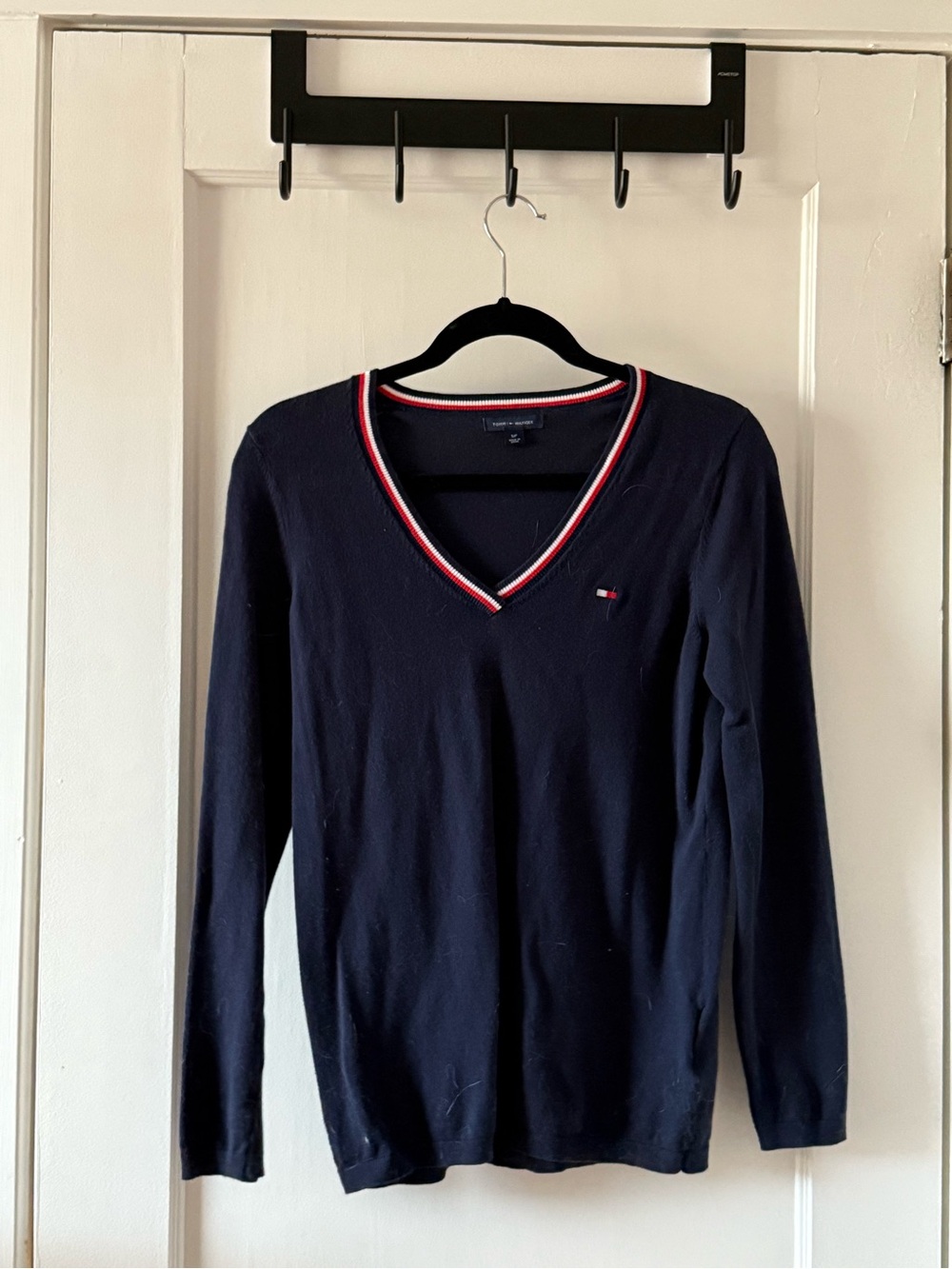 Tommy Hilfiger Navy V-Neck Sweater with Red & White Trim